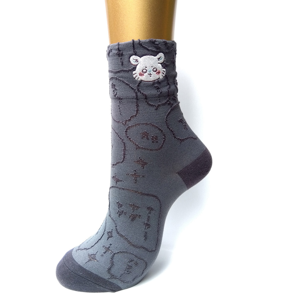 Chiikawa Float Embroidery Crew Socks (Momonga Charcoal) for Ladies