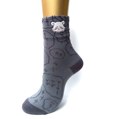Chiikawa Float Embroidery Crew Socks (Momonga Charcoal) for Ladies