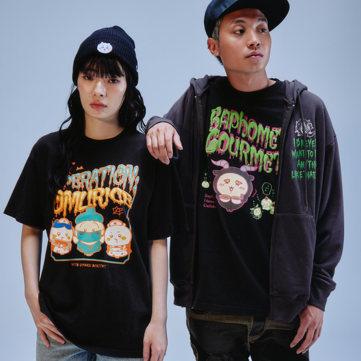ちいかわ 発泡プリントTシャツ BAPHOMET GOURMET ブラック