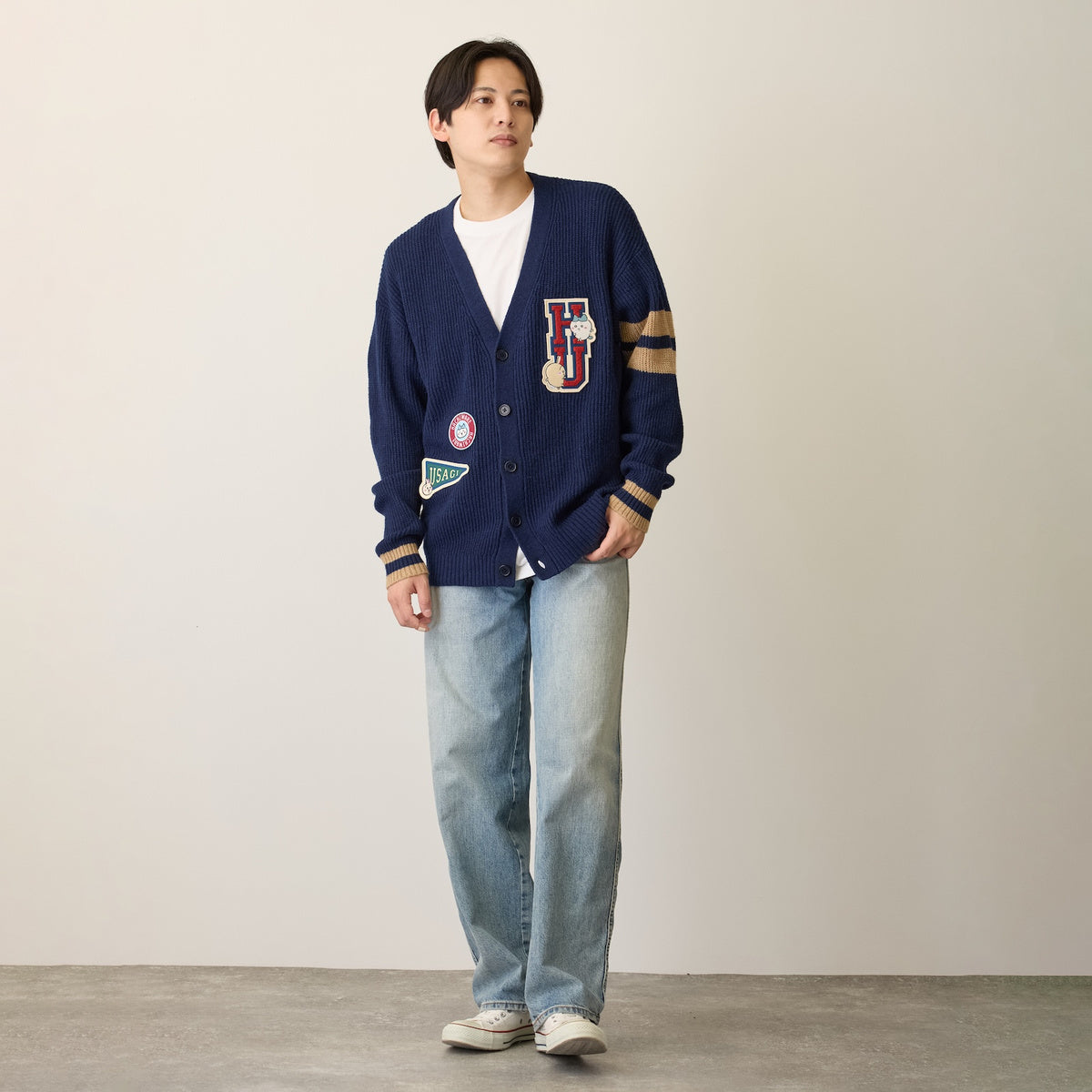 Chiikawa Knit Cardigan College (Hachiware & Usagi) Navy