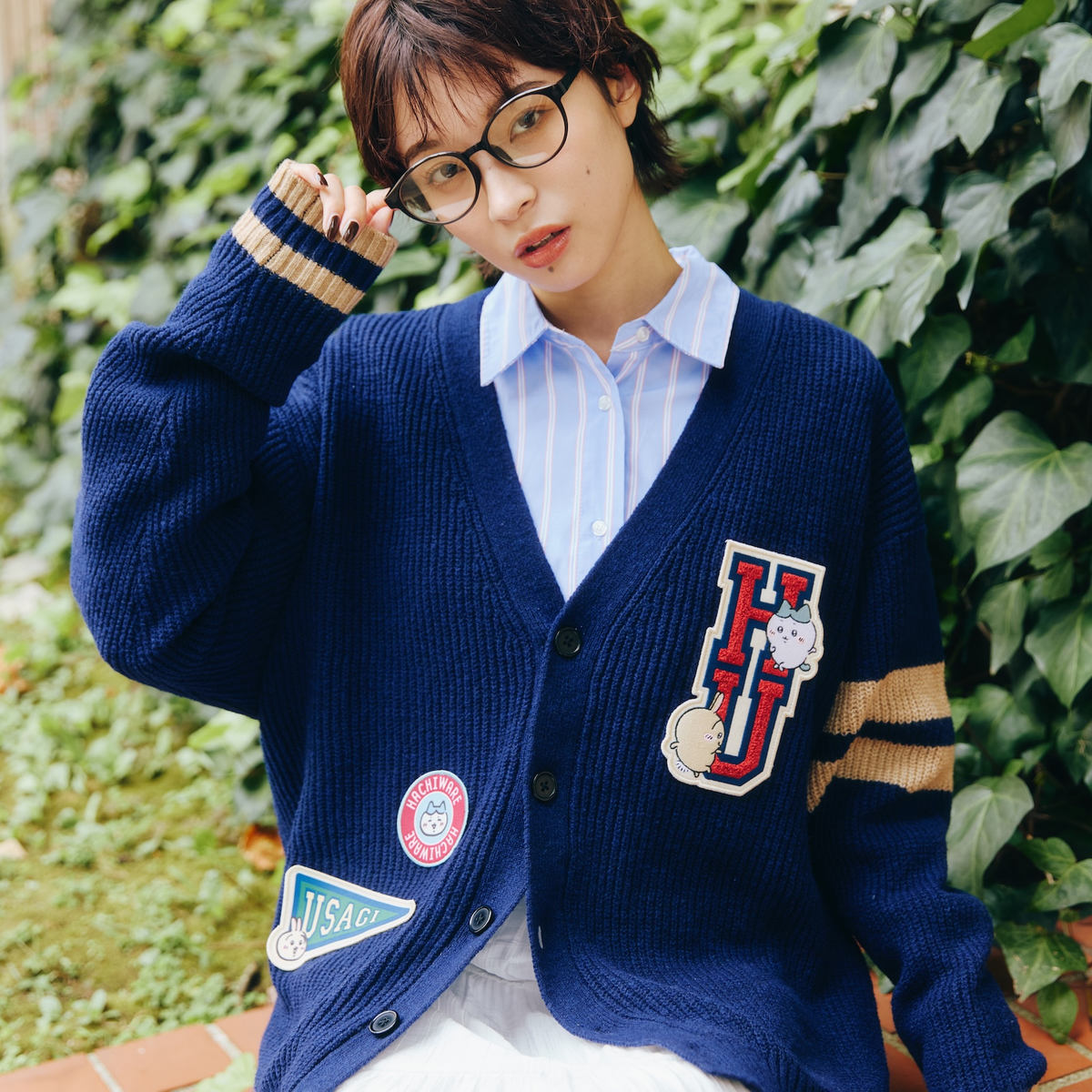 Chiikawa Knit Cardigan College (Hachiware & Usagi) Navy