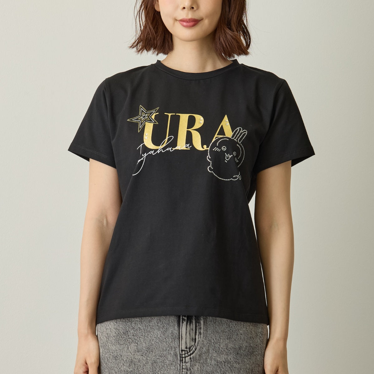 ちいかわ ラインストーンTシャツ DECO（うさぎ）ブラック