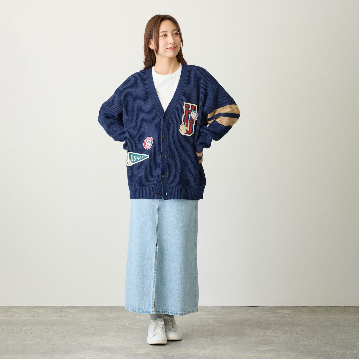Chiikawa Knit Cardigan College (Hachiware & Usagi) Navy