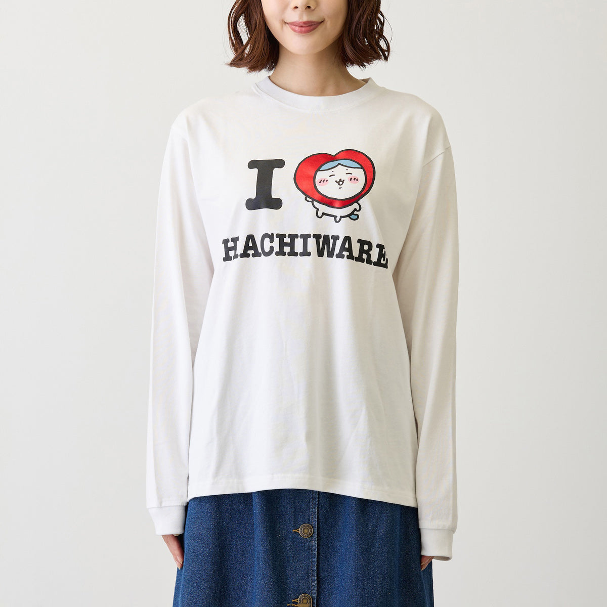 치이카와 긴팔 티셔츠 I LOVE HACHIWARE 화이트
