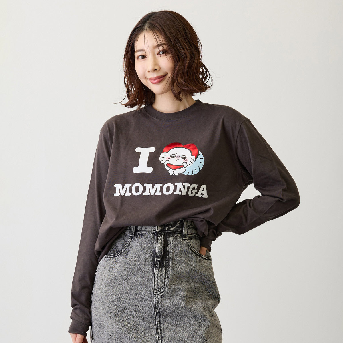 치이카와 긴팔 티셔츠 I LOVE MOMONGA 챠콜